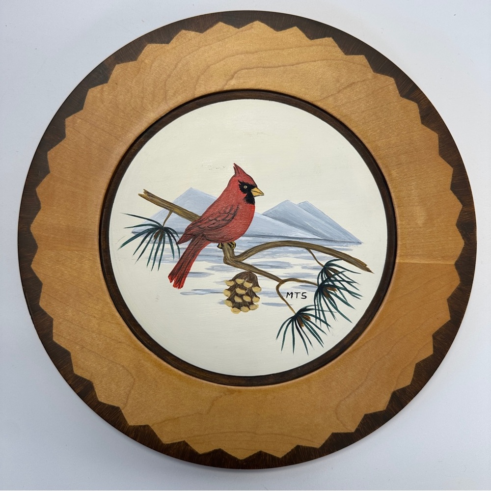 Handmade Hand-Painted Wooden Plate Wall Hanging Cardinal Winter Pine Mountains